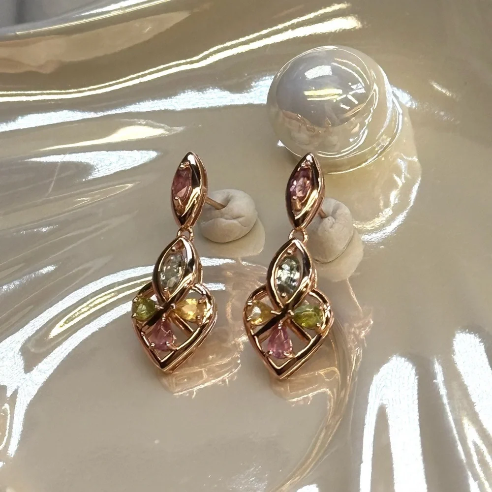 ETR2 2CT Natural Rainbow Tourmaline ART DECO HEART Earrings 18K Rose Gold S925